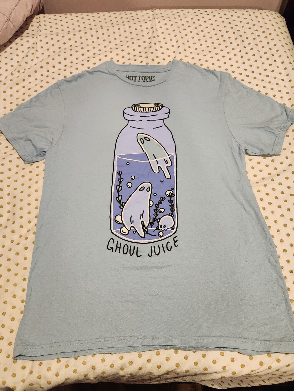 Hot Topic Light Blue Ghoul Juice Graphic Tee with Purple Jar Art